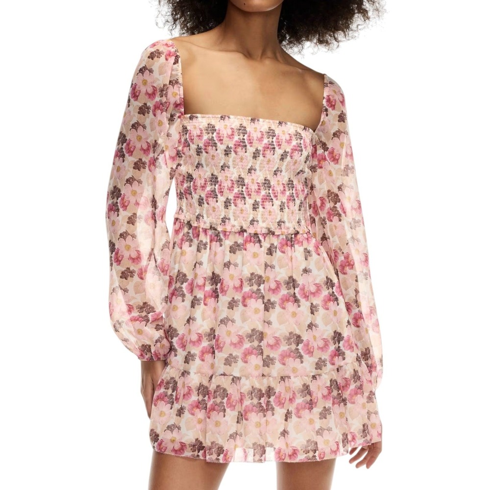 Wilfred Aritzia Tempest Floral Mini Dress Puff Sleeve‎ Smocked Cottagecore L